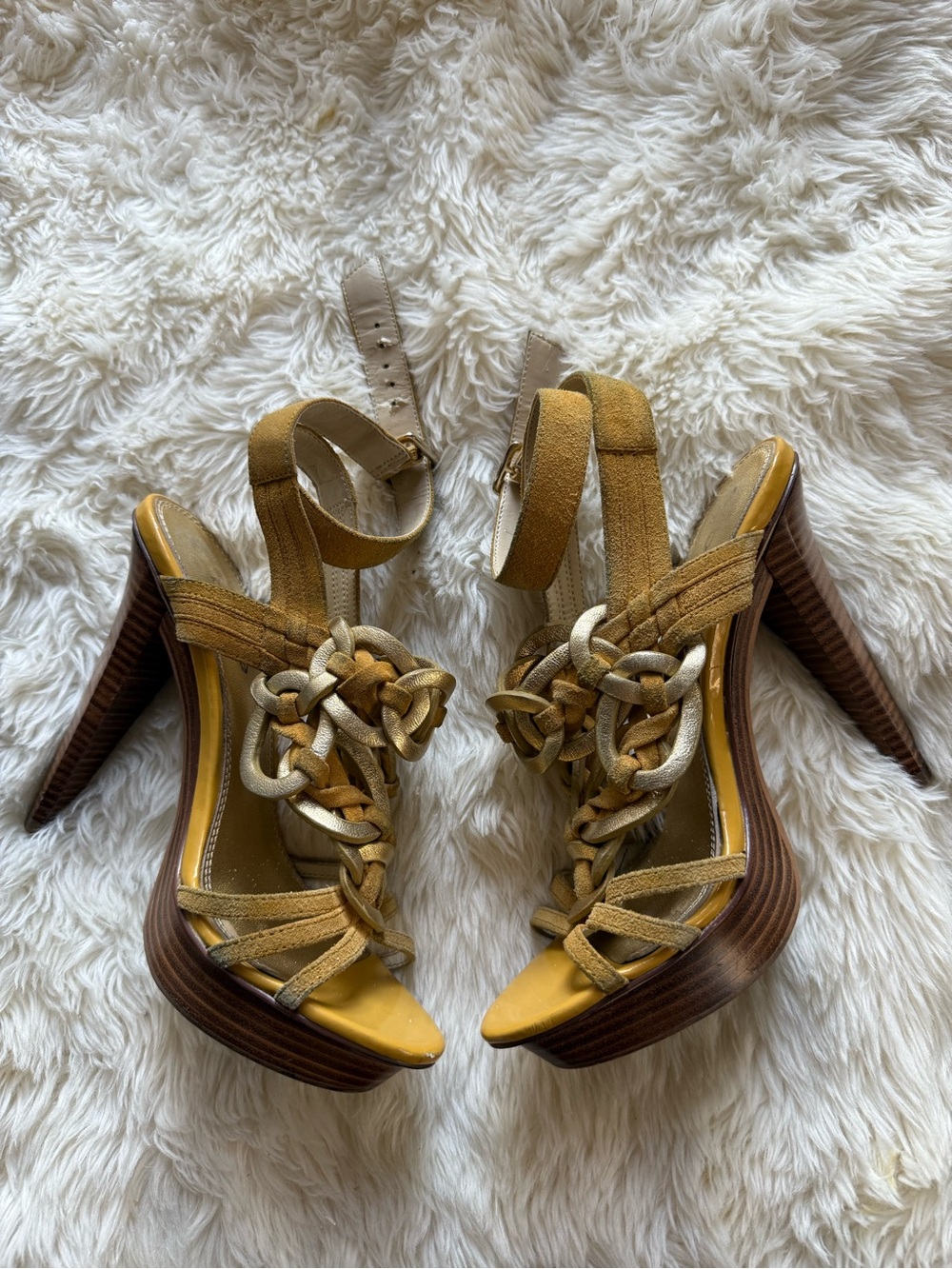 bebe Mustard Yellow Suede Knot-Strap Platform Heels